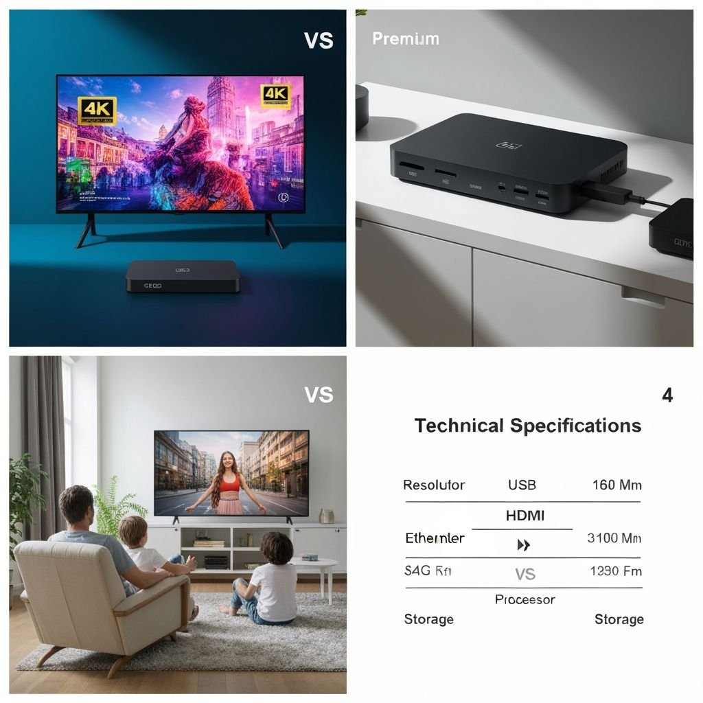 Comparatif quatre panneaux : lecteur 4K, ports de connexion, famille regardant TV, spécifications techniques