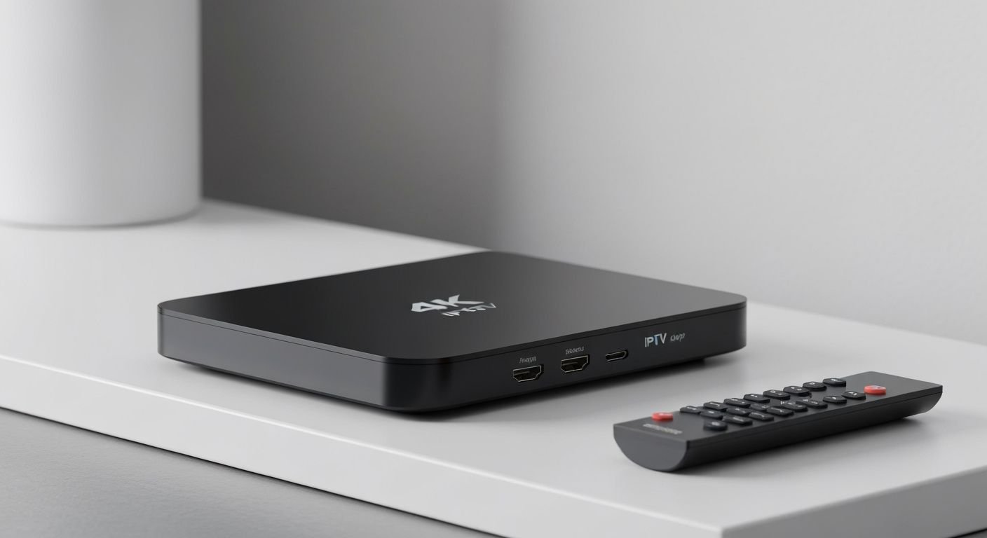 Boîtier IPTV 4K noir premium avec télécommande sur surface blanche, éclairage studio professionnel