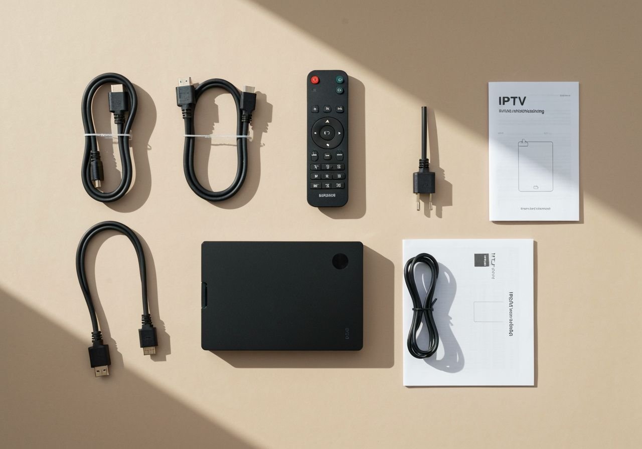 Composition plate : boîtier streaming, télécommande, câbles et accessoires sur fond neutre