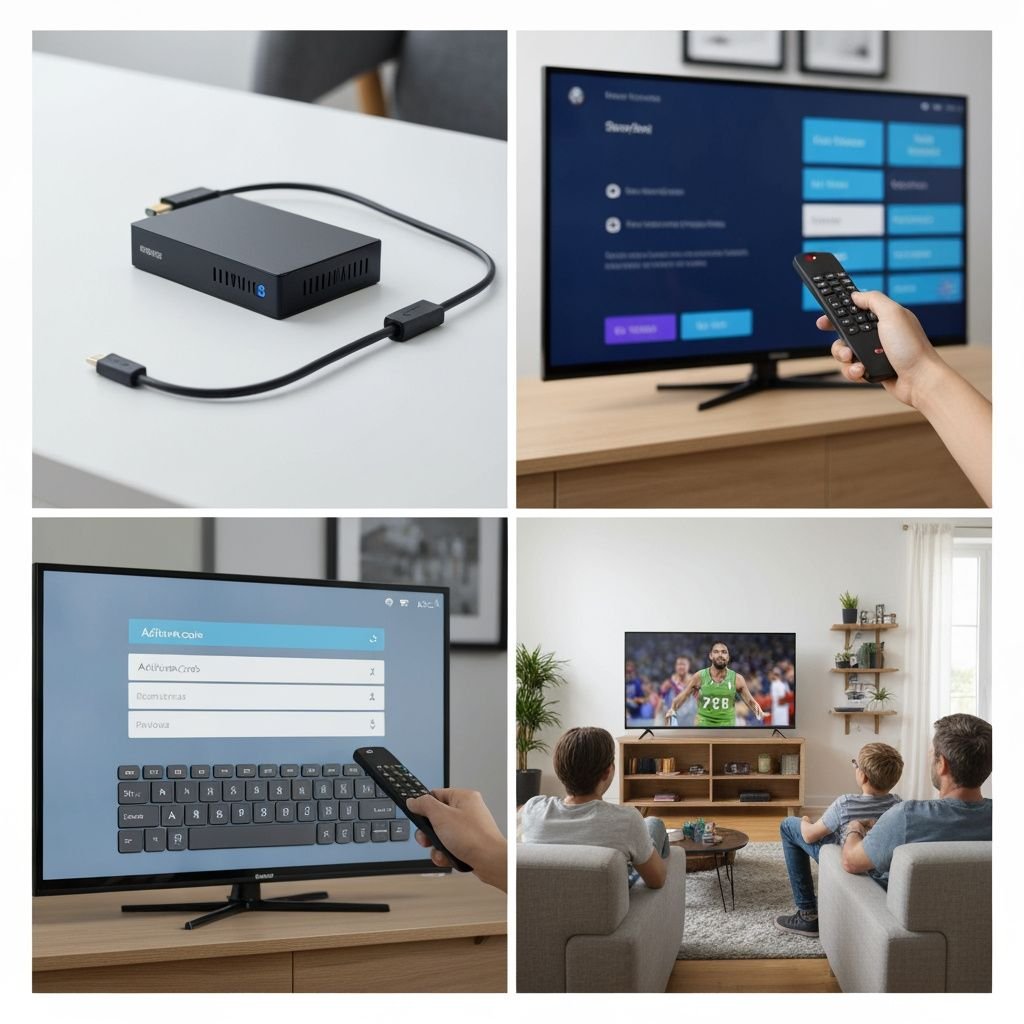 Quatre étapes : déballage boîtier, connexion TV, saisie code activation, visionnage contenu