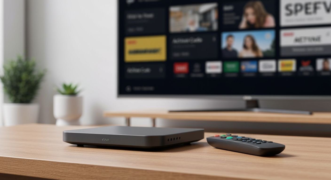 Boîtier IPTV avec télécommande sur bureau, écran TV affichant interface de streaming