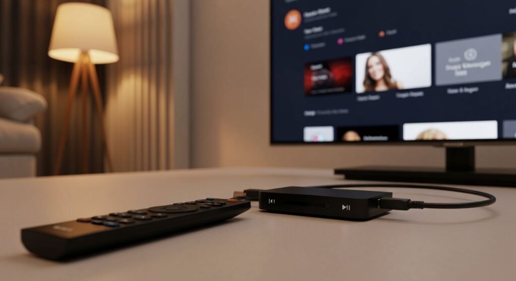 Boîtier IPTV compact connecté à un téléviseur moderne dans un salon élégant