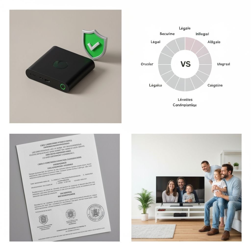 Grille comparant les solutions IPTV légales : appareil certifié, options légales, conformité française et visionnage en...