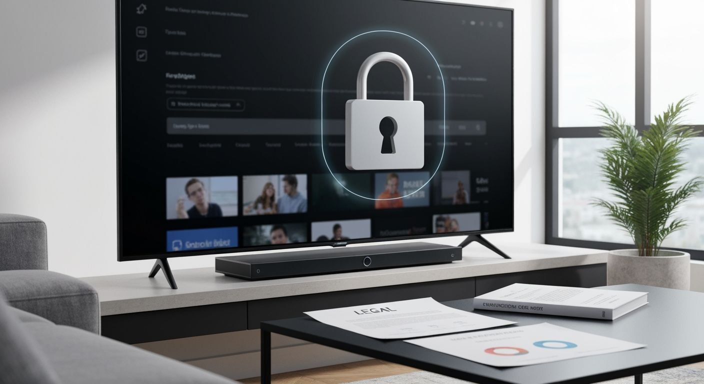 Boîtier IPTV sécurisé avec cadenas de protection et interface de streaming légale sur téléviseur moderne