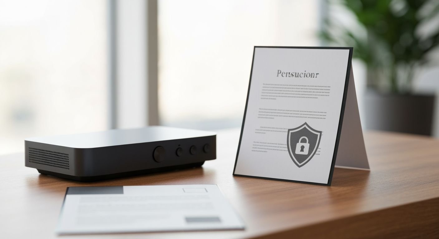 Boîtier IPTV légal avec document de conformité et symbole de sécurité sur bureau