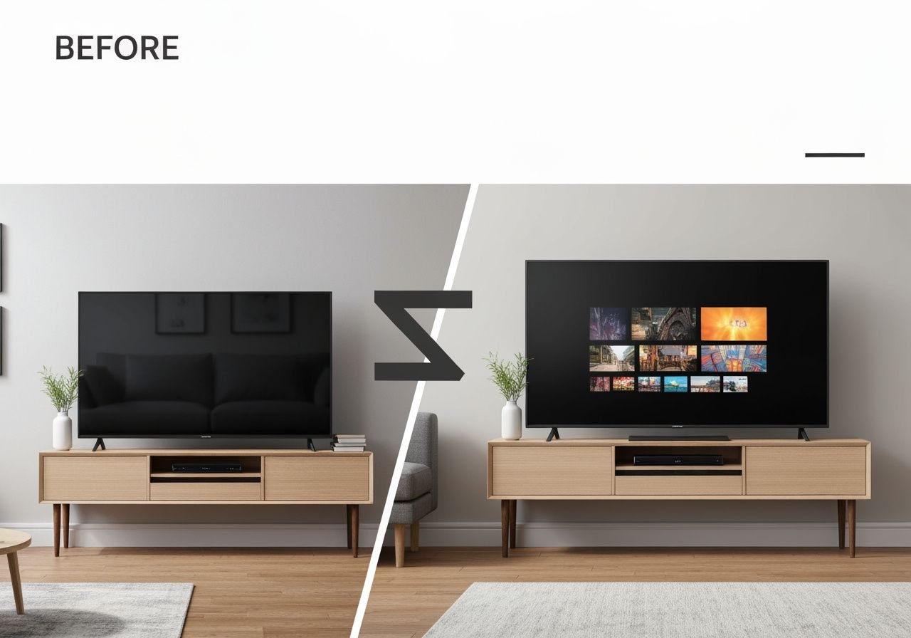Comparaison avant-après : ancien téléviseur versus installation moderne avec boîtier IPTV