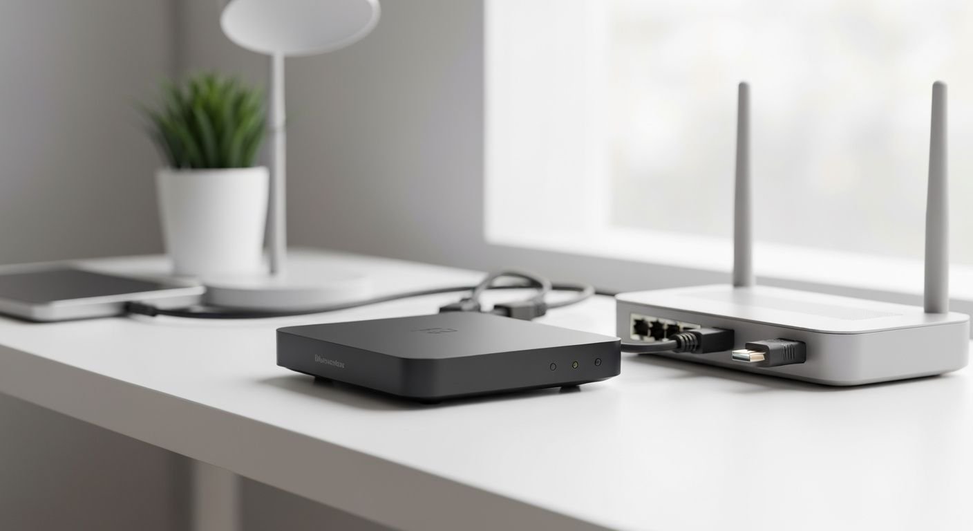 Boîtier IPTV WiFi compact posé près d'un routeur sur un bureau blanc, câbles organisés, éclairage naturel