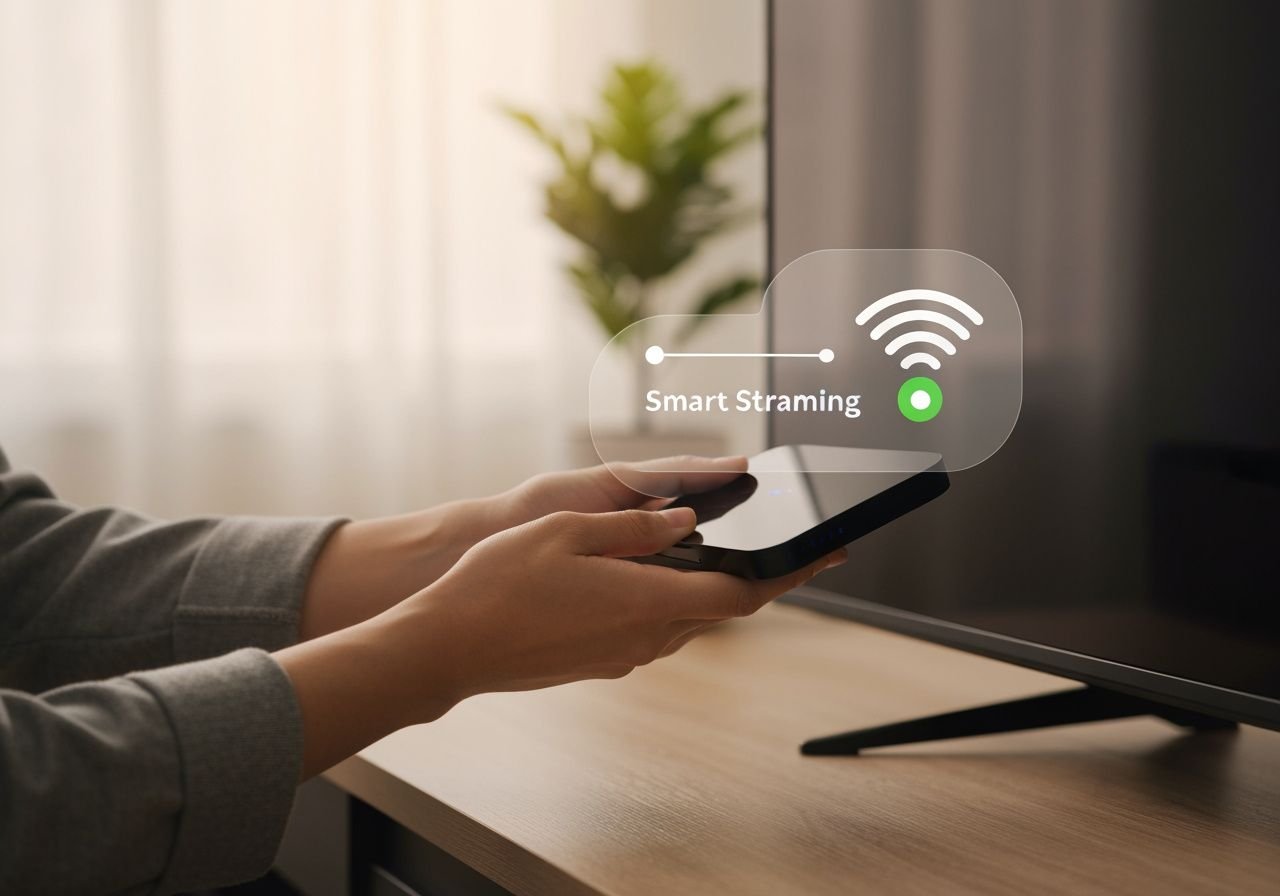 Installation d'un boîtier IPTV WiFi : mains connectant l'appareil à la télévision, symbole WiFi visible