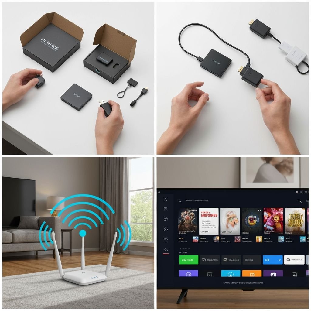 Guide visuel en 4 étapes : déballage, connexion HDMI, placement WiFi et interface de streaming