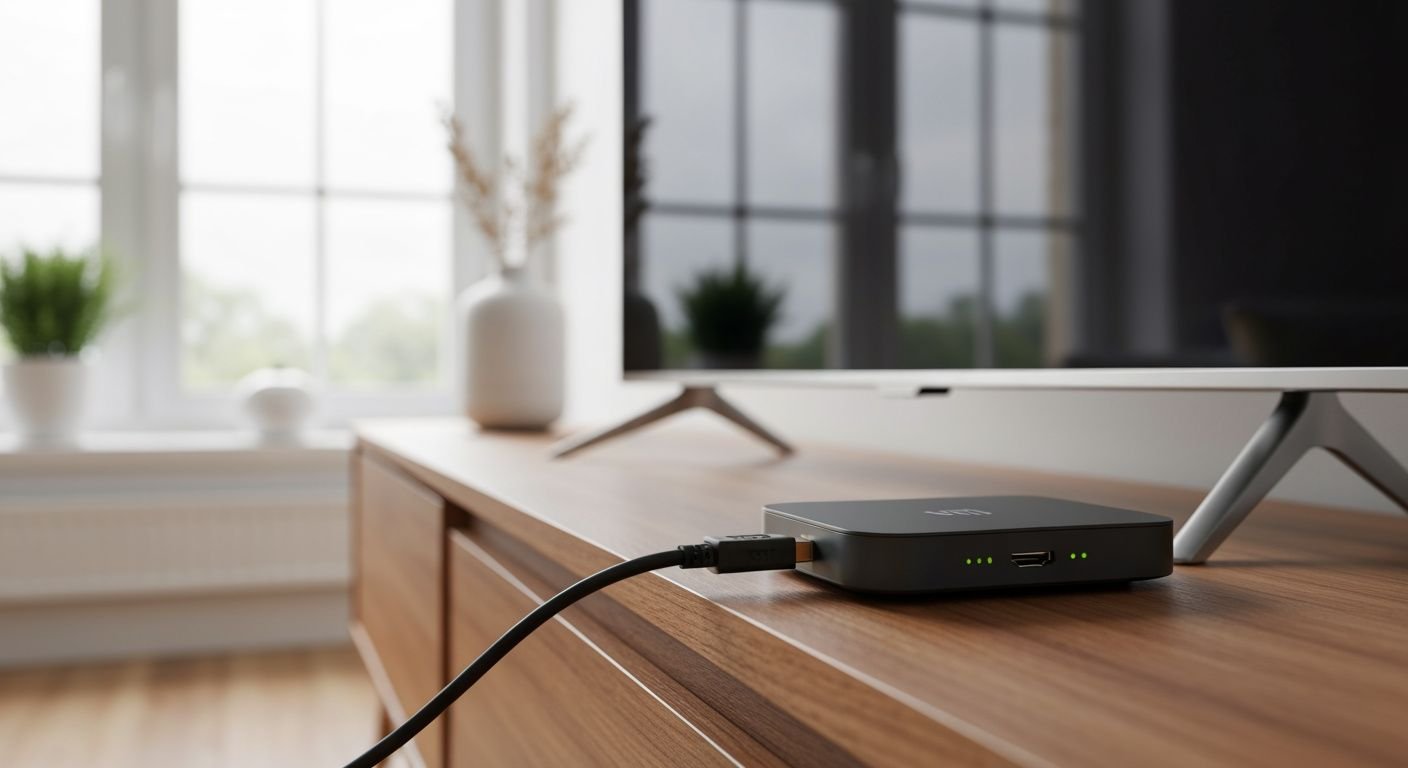 Boîtier IPTV WiFi compact connecté à un téléviseur moderne dans un salon lumineux