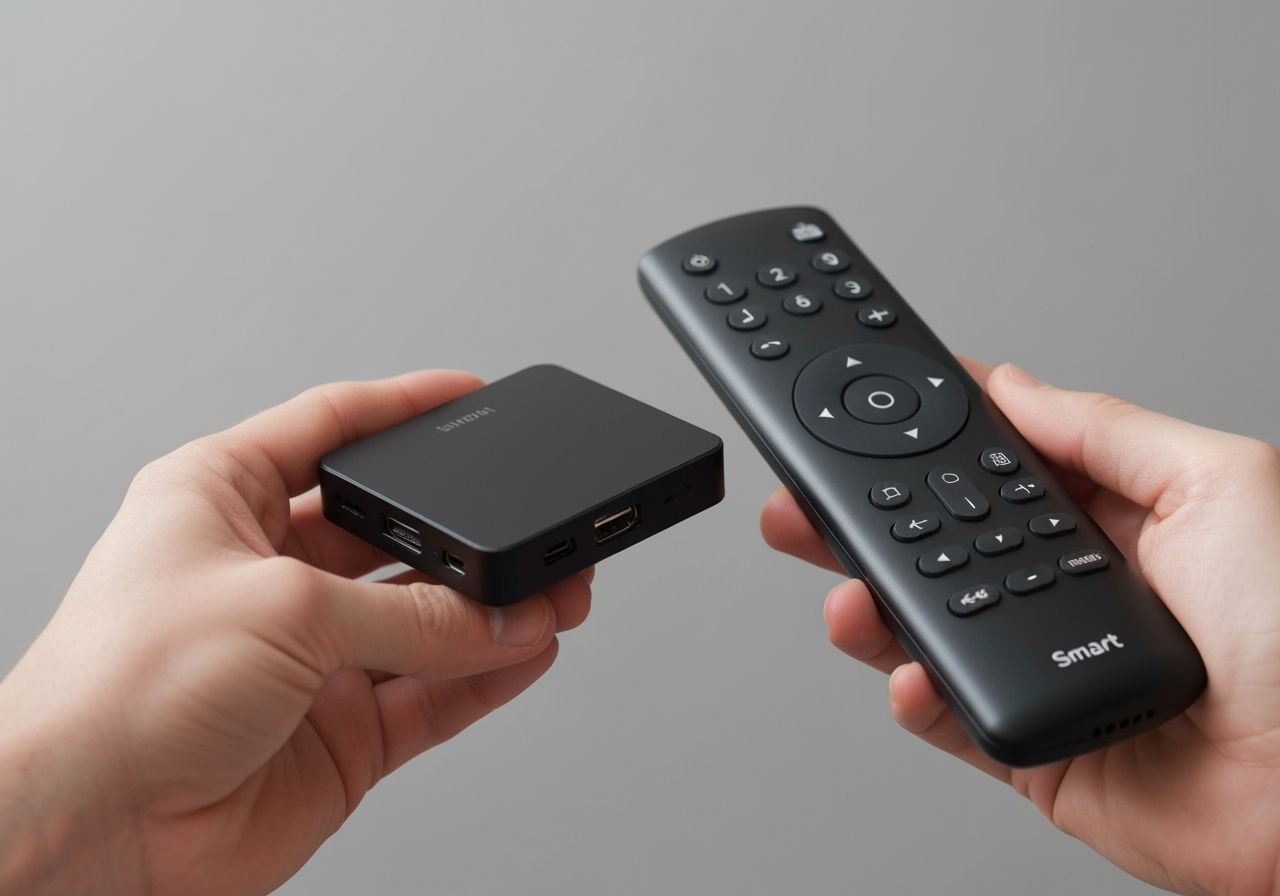 Appareil streaming WiFi compact comparé à une télécommande TV standard