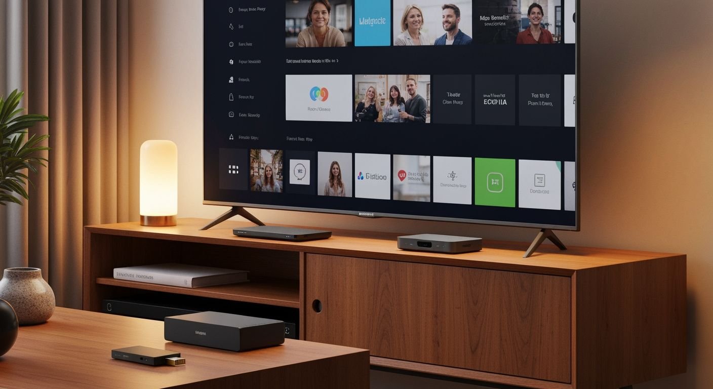 Boîtiers streaming IPTV et téléviseur moderne affichant une interface de lecture multimédia