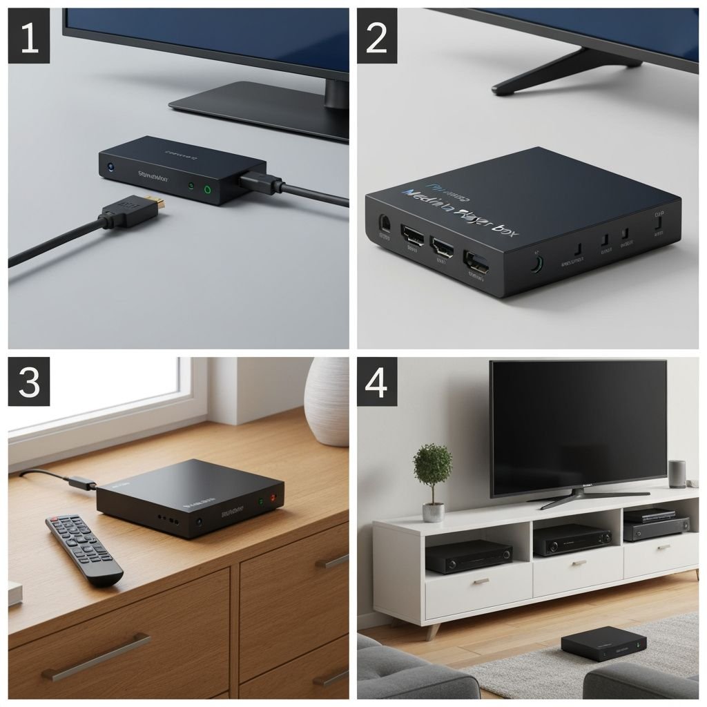 Comparatif visuel de quatre configurations de boîtiers TV : connexion, modèles et intégration
