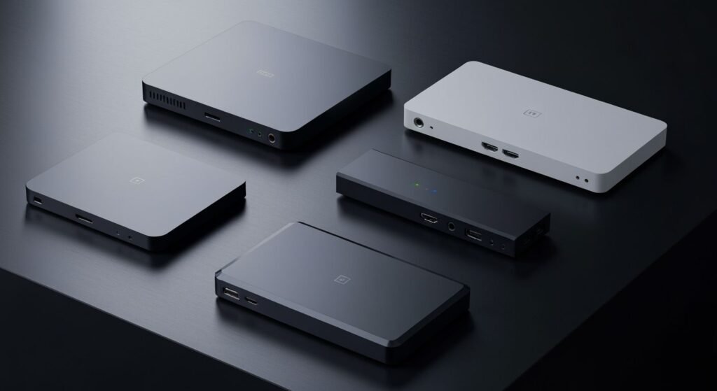 Trois boîtiers IPTV modernes alignés sur surface noire avec éclairage professionnel