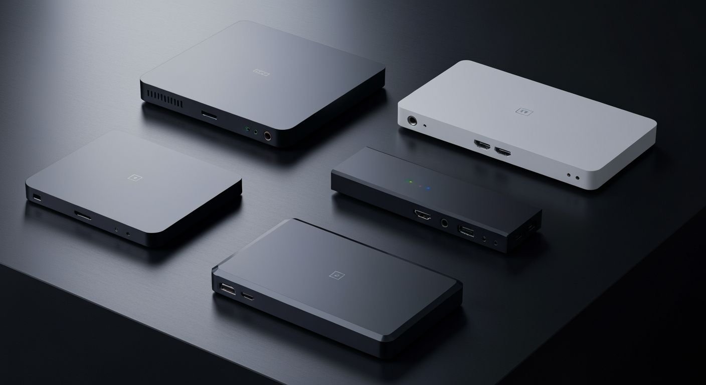 Trois boîtiers IPTV modernes alignés sur surface noire avec éclairage professionnel