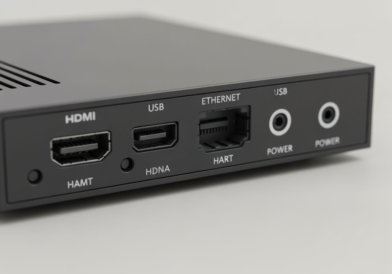 Gros plan des ports et connectiques d'un décodeur IPTV professionnel