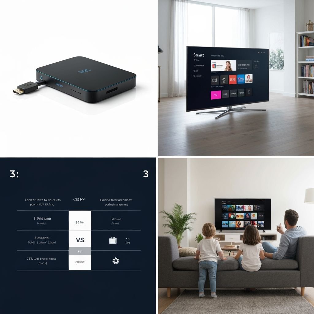 Comparatif quatre appareils : lecteur compact, Smart TV, tableau spécifications, famille regardant