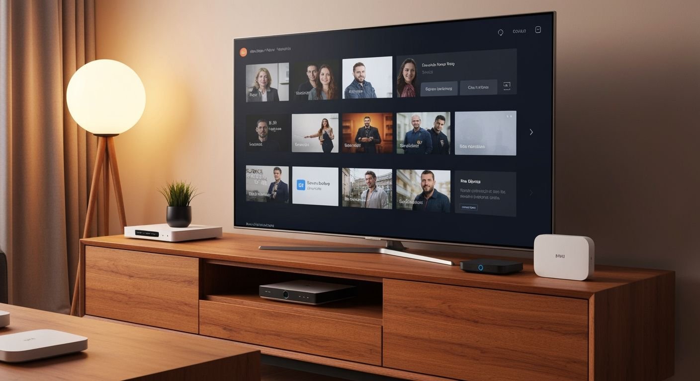 Boîtiers IPTV et appareils streaming sur meuble TV avec interface générique affichée