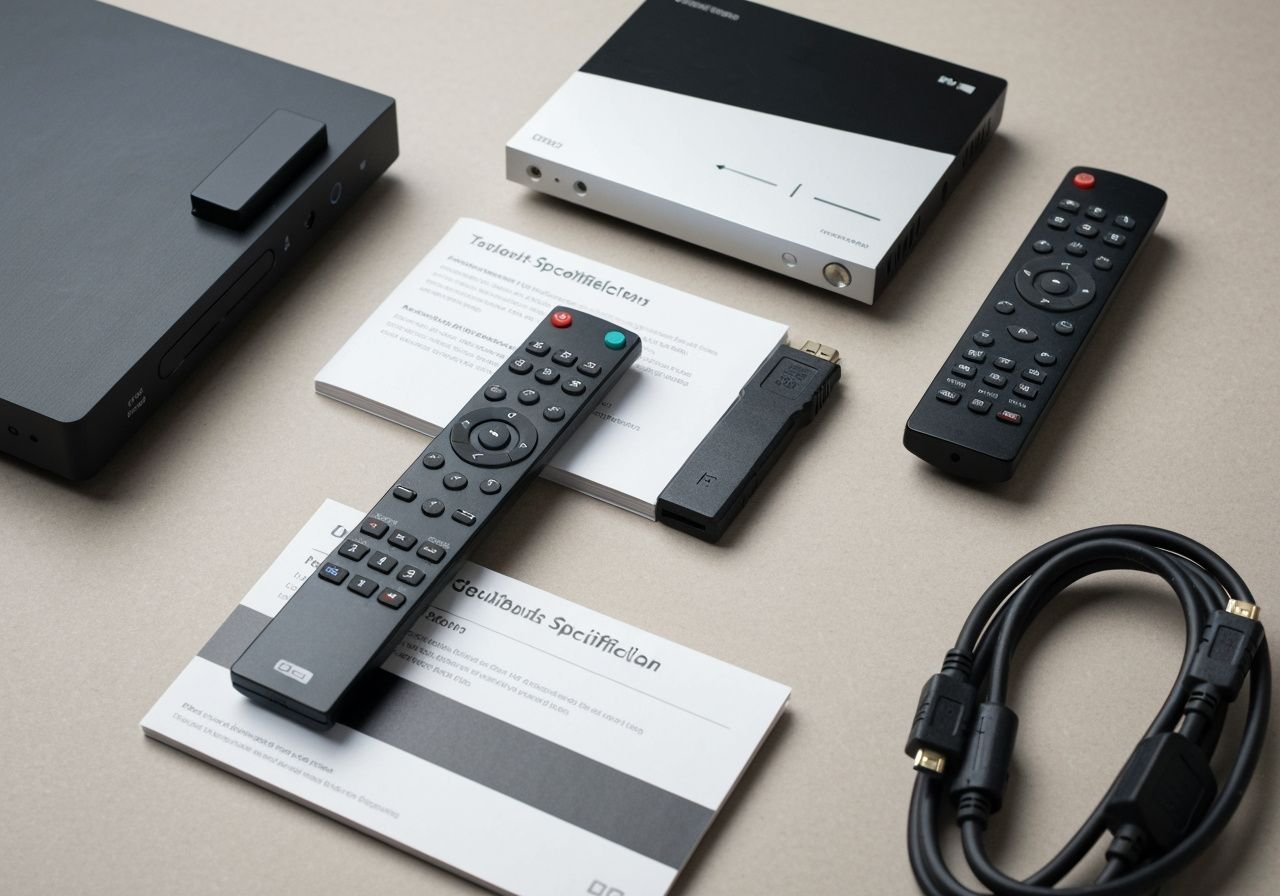 Trois boîtiers multimédia avec télécommandes et câbles HDMI en mise en scène produit