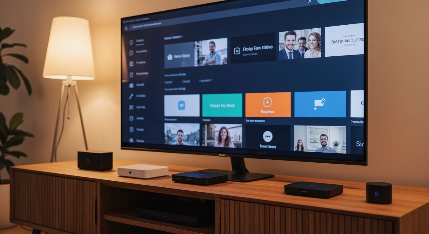Boîtiers TV IPTV et décodeurs streaming disposés sur meuble multimédia devant téléviseur