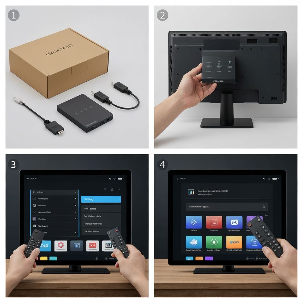 Guide visuel en 4 étapes : déballage, connexion, configuration et installation d'applications