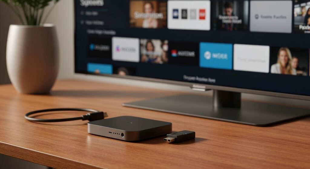 Boîtier streaming compact avec télécommande et câble HDMI devant un téléviseur moderne
