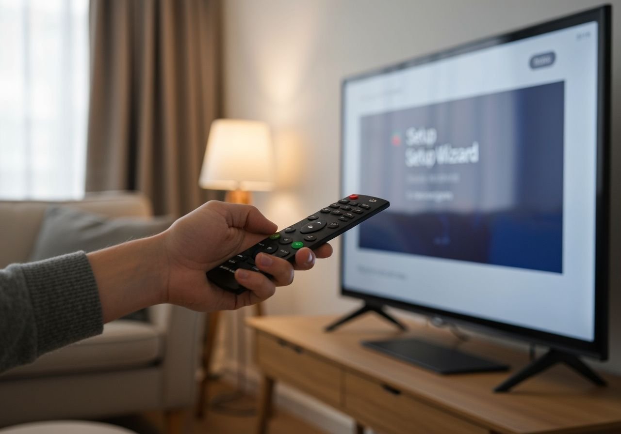 Télécommande pointée vers écran de configuration sur téléviseur moderne en salon