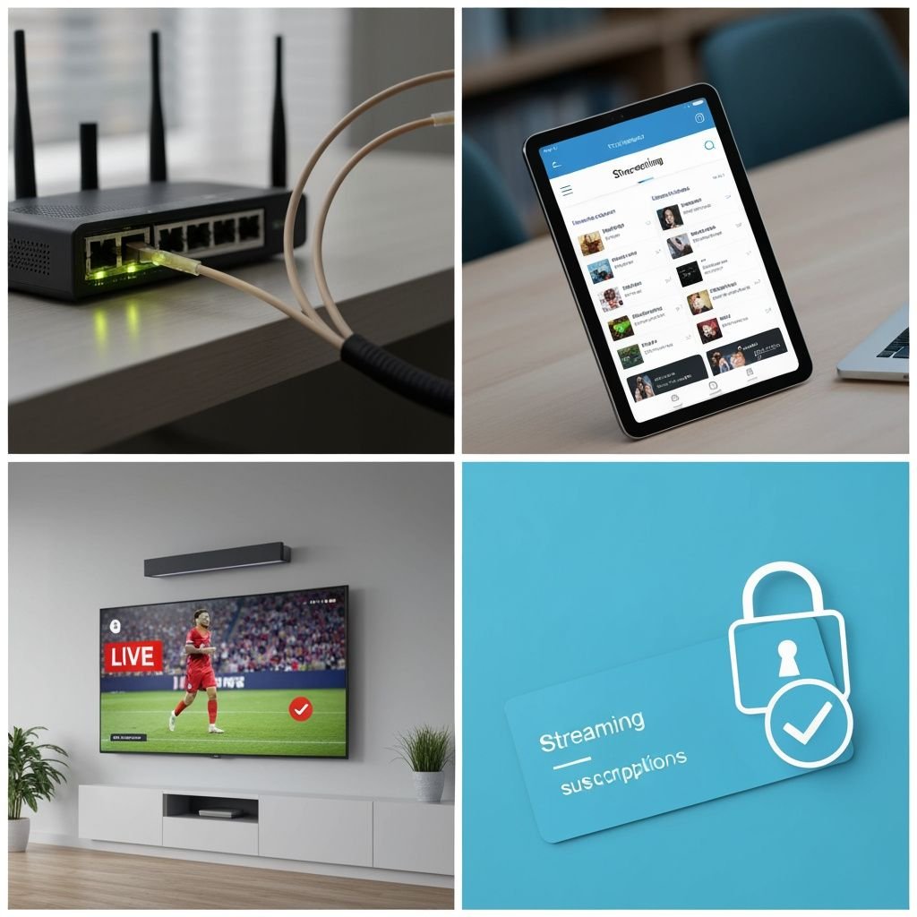 Quatre panneaux : câble fibre optique, interface d'application de streaming, téléviseur affichant un événement sportif,...