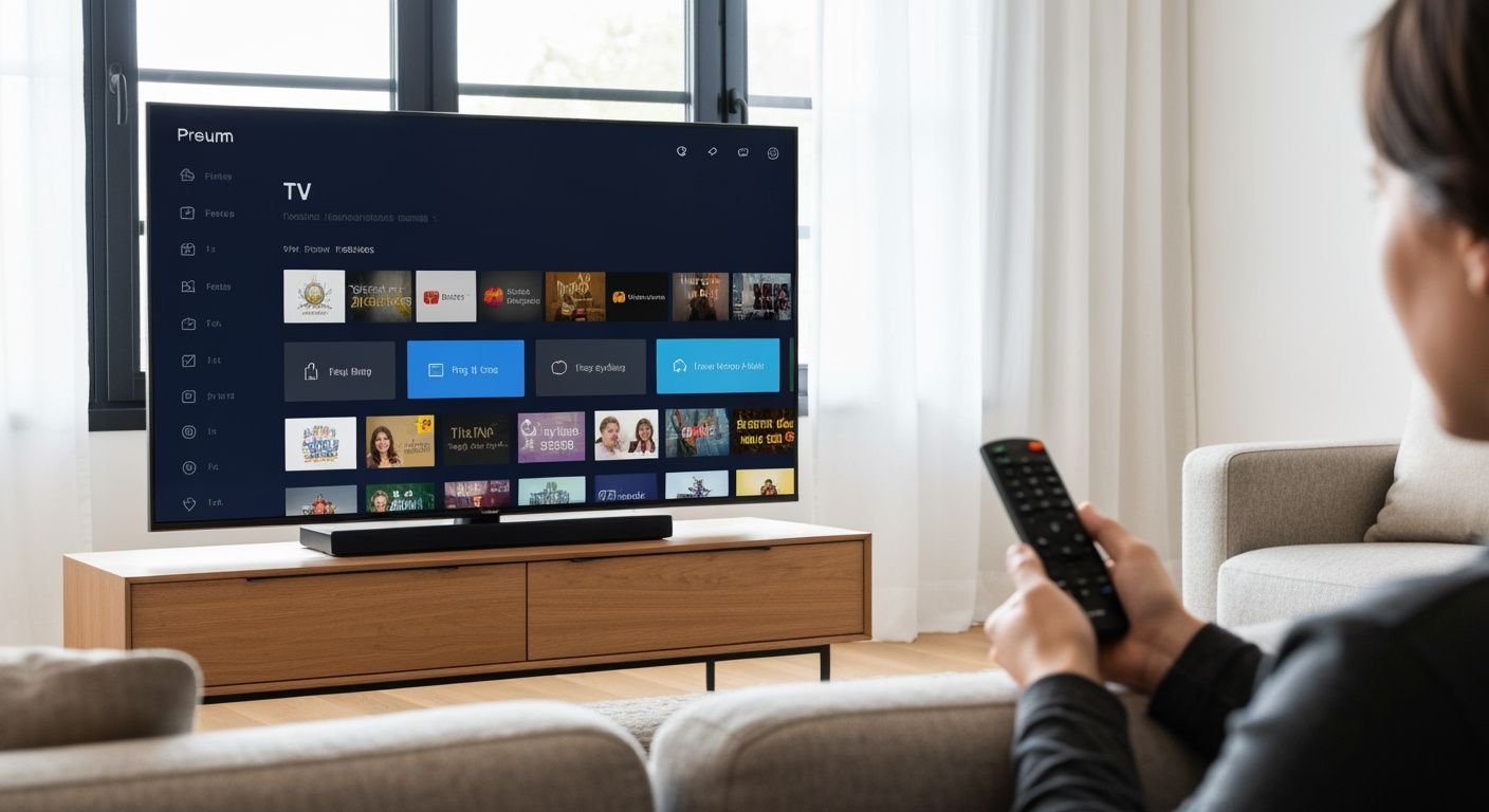Salon moderne avec téléviseur affichant une interface de streaming avec plusieurs chaînes TV et catégories de contenu.
