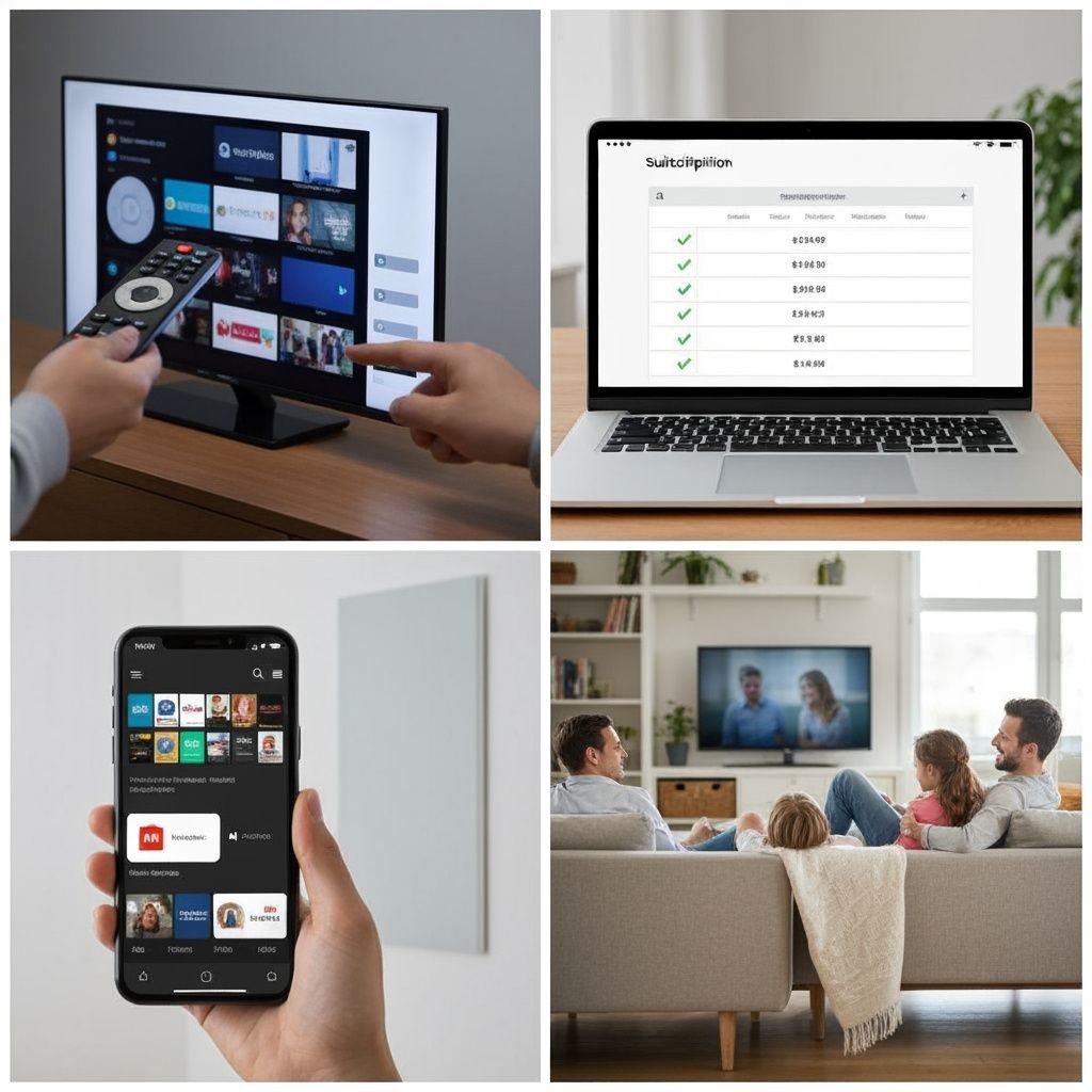 Grille comparant quatre aspects : télécommande, tableau tarifaire, application mobile et expérience familiale de streaming.