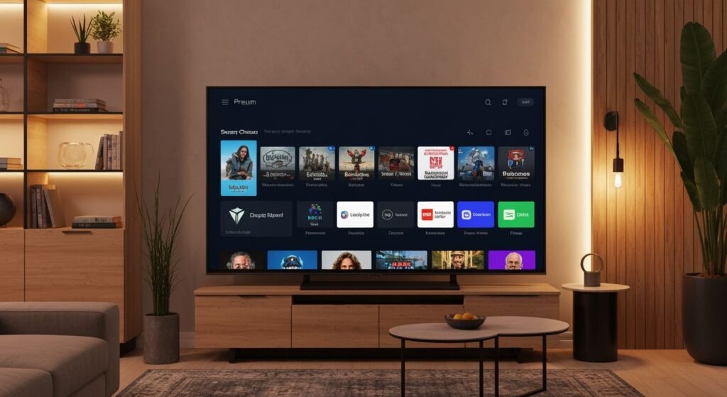 Téléviseur moderne affichant une interface de streaming avec plusieurs options de chaînes et contenus légaux.