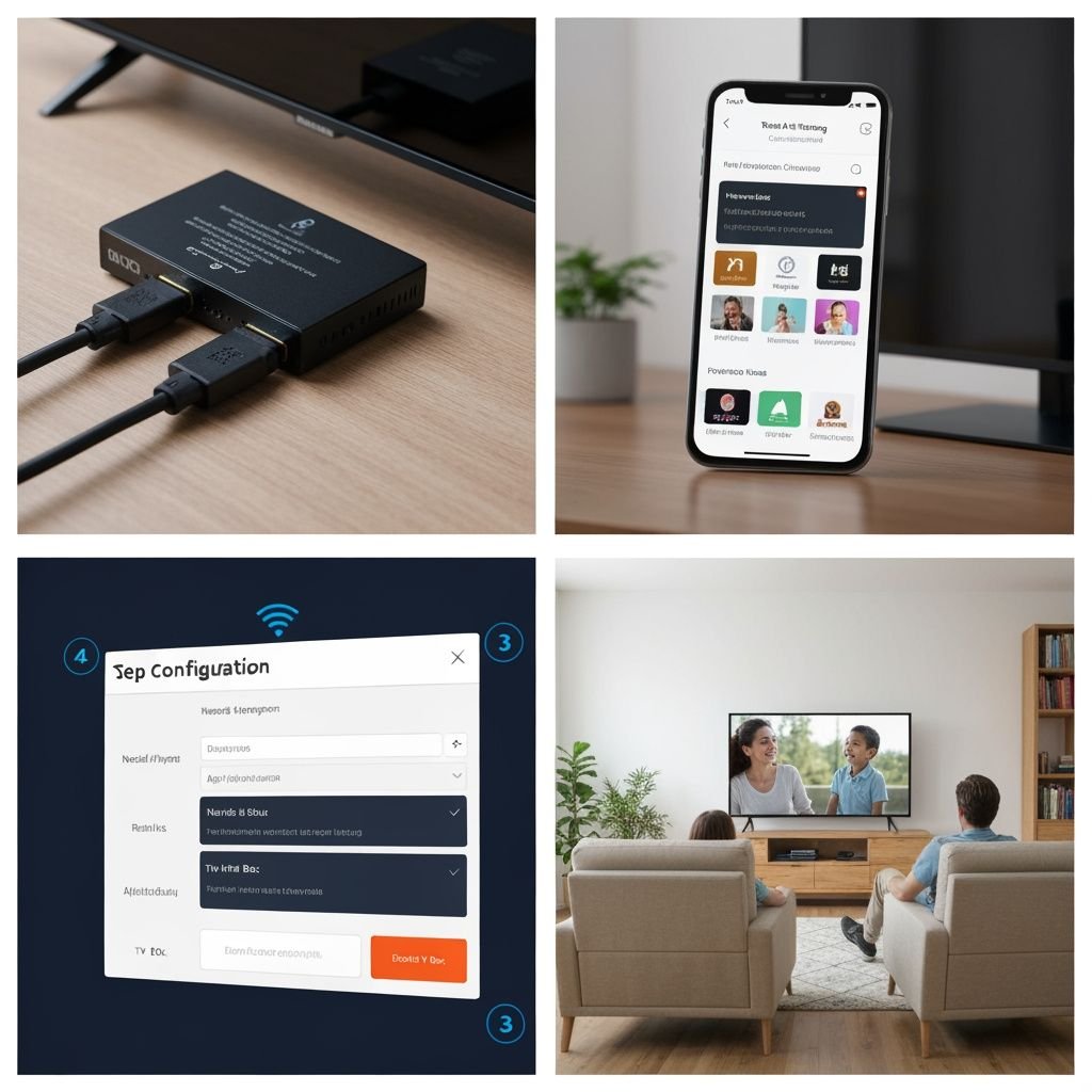 Quatre étapes d'accès à une chaîne IPTV : appareil de streaming, application mobile, configuration TV et visionnage en...