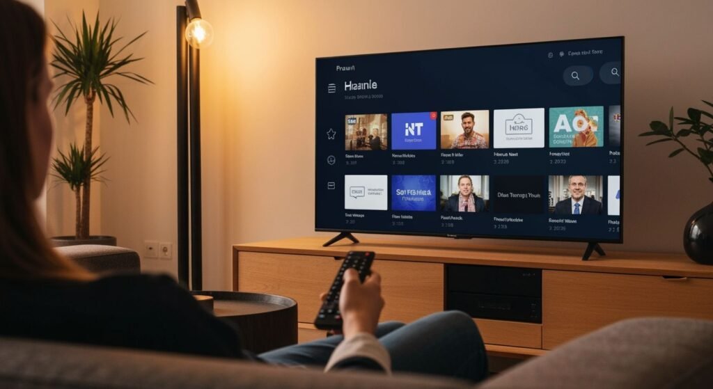 Télécommande pointée vers un téléviseur affichant une interface de streaming générique avec guide des chaînes.