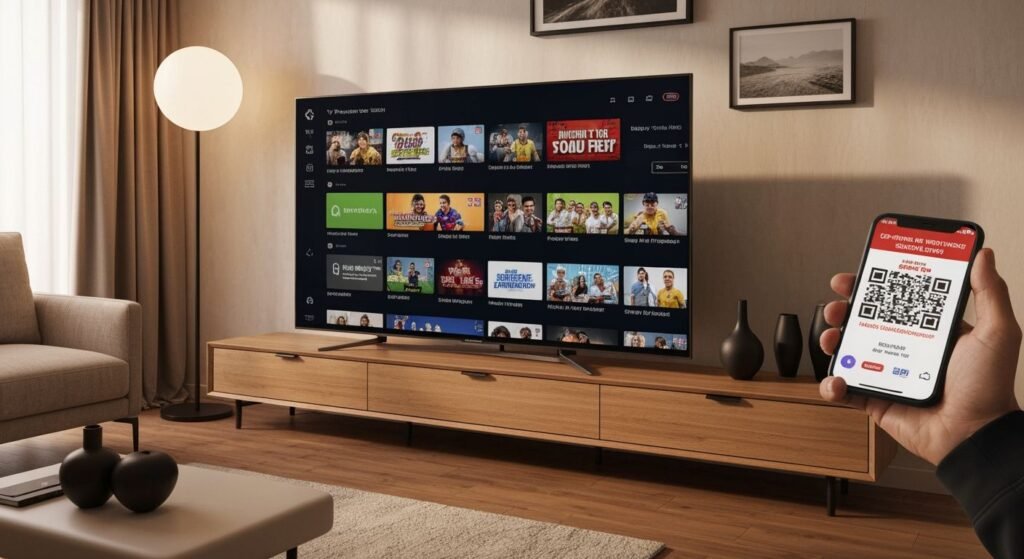Téléviseur moderne affichant une interface de streaming avec code promo visible sur smartphone à côté