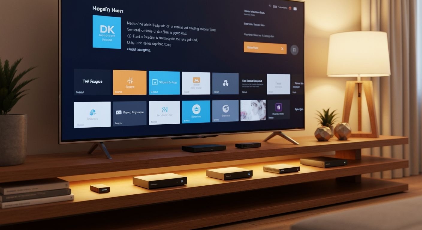 Décodeur IPTV et box de streaming connectées à un téléviseur moderne dans un salon