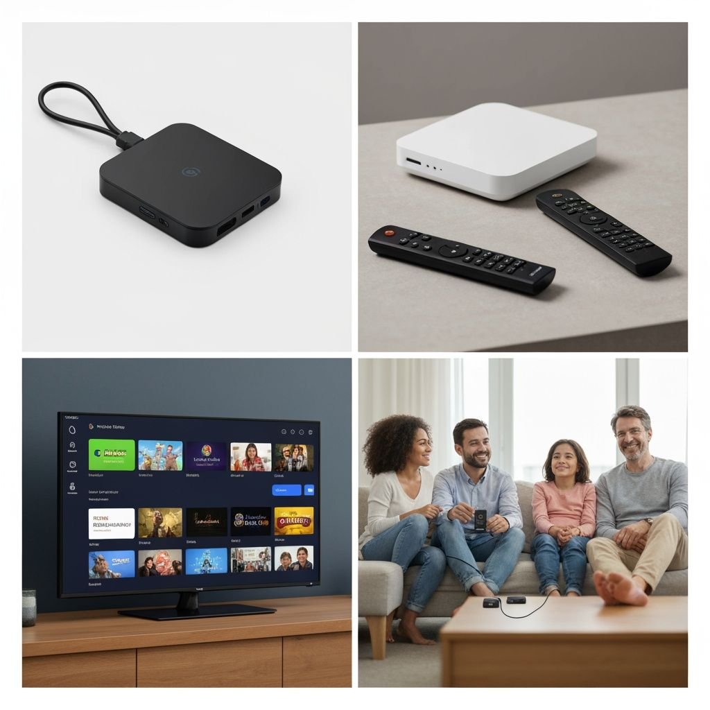 Comparatif visuel de quatre types d'appareils IPTV : stick, box, TV connectée et expérience utilisateur.