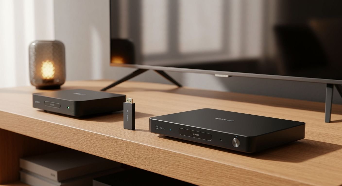 Sélection de décodeurs IPTV et box streaming modernes sur étagère en bois.