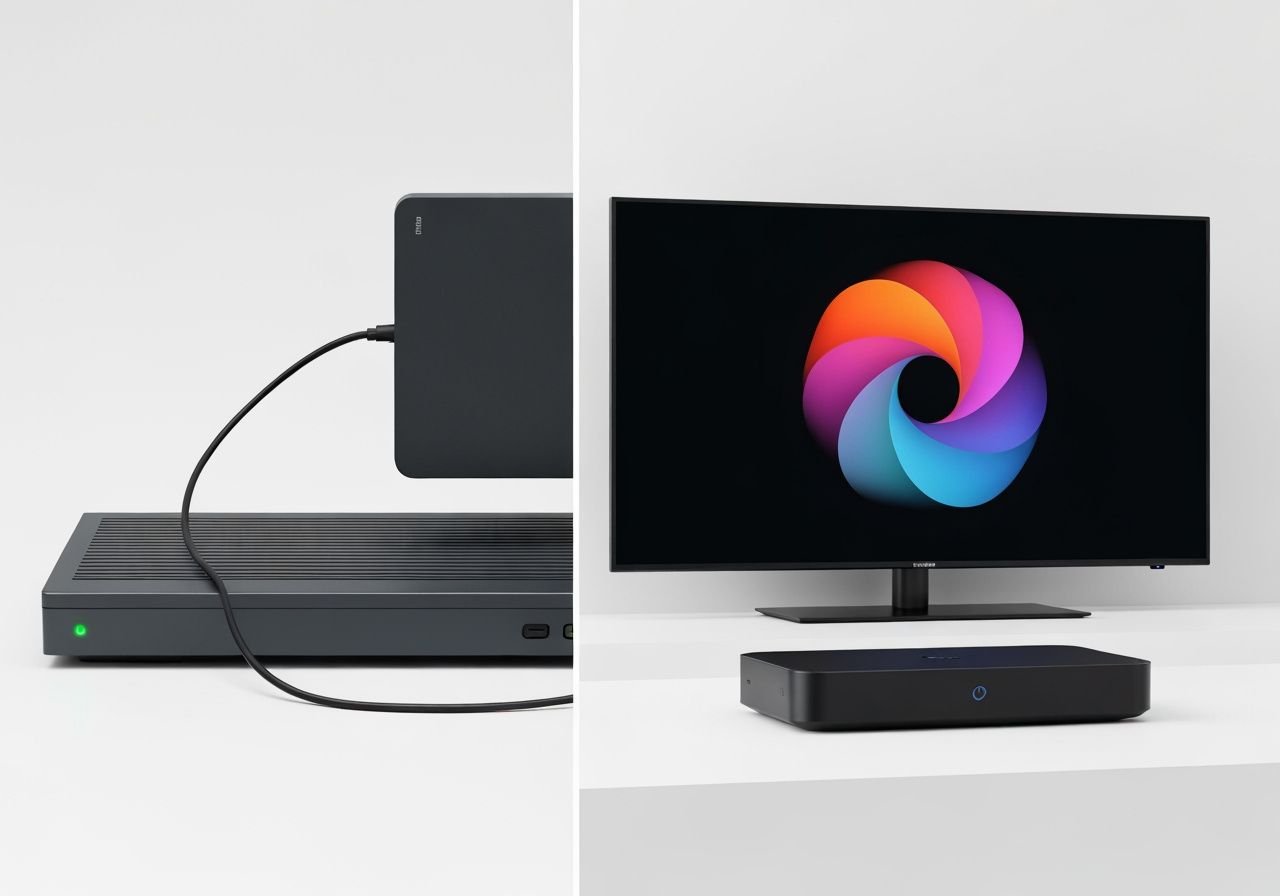 Comparaison entre ancien décodeur câble et nouveau lecteur streaming compact.