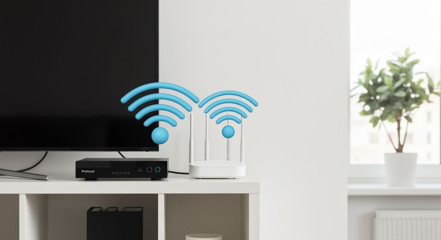 Décodeur IPTV WiFi connecté à un routeur dans un salon moderne avec téléviseur