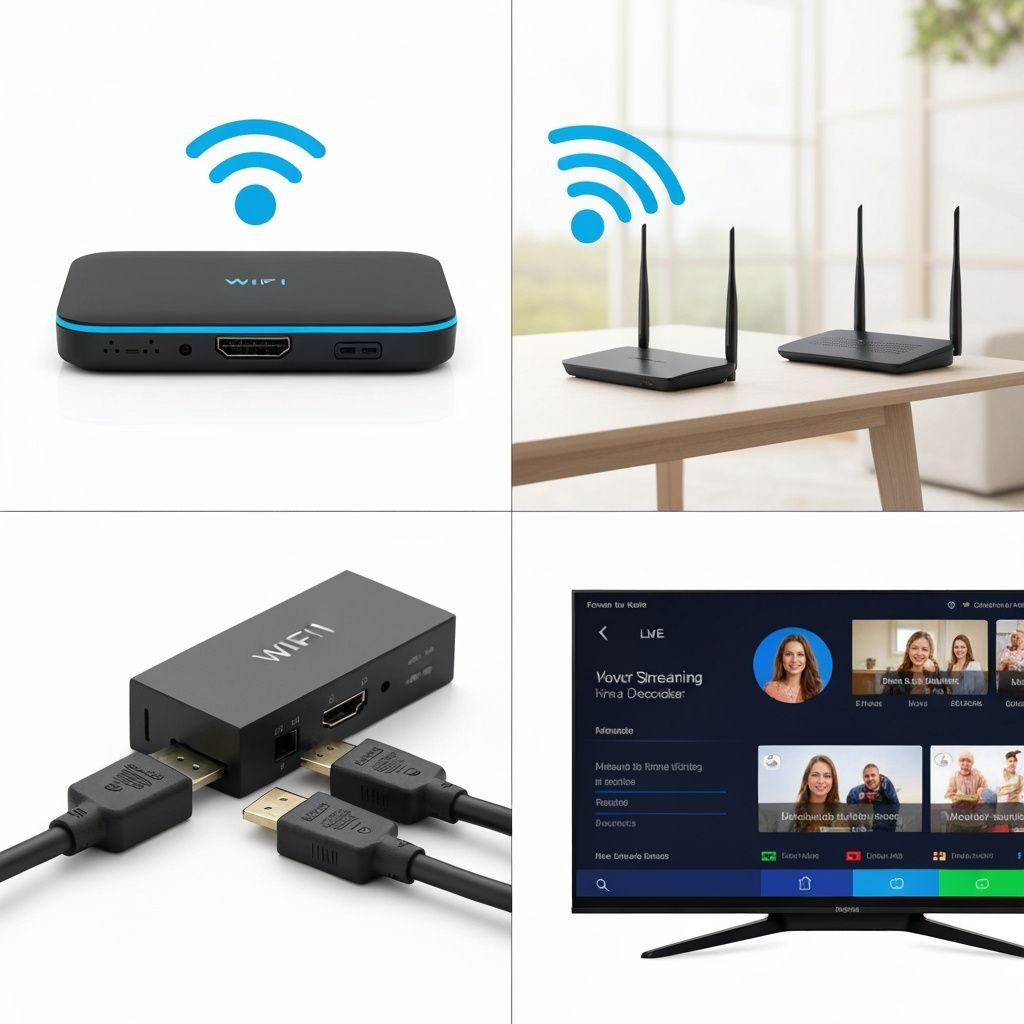 Quatre étapes d'installation : appareil, signal WiFi, connexions et interface de streaming