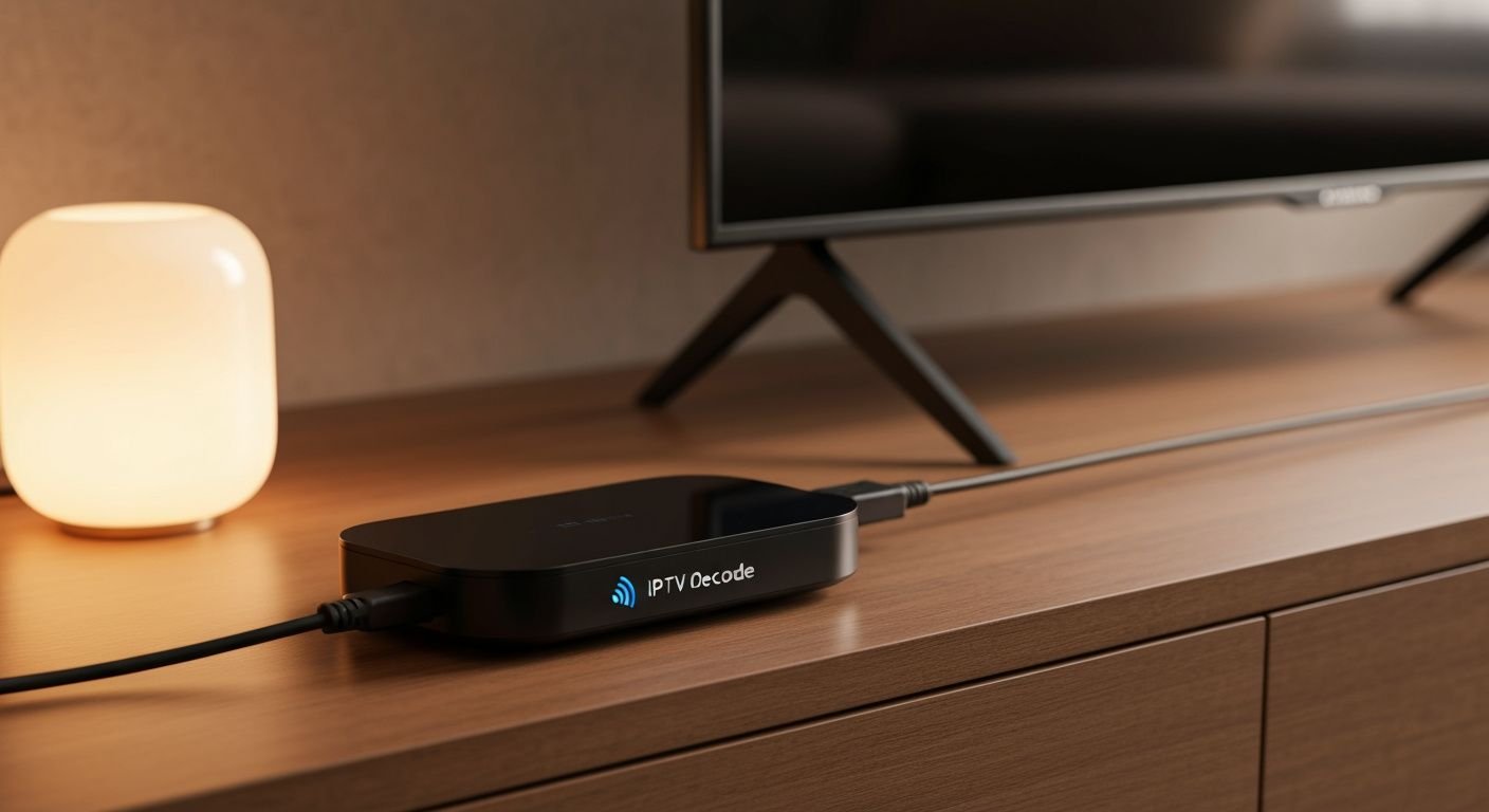 Décodeur IPTV WiFi connecté à un téléviseur moderne dans un salon contemporain