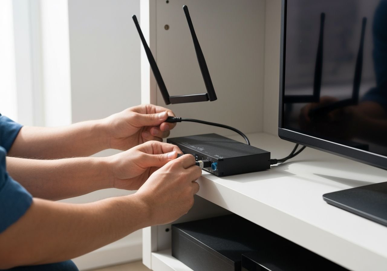Installation professionnelle d'un décodeur IPTV sans fil dans un meuble TV