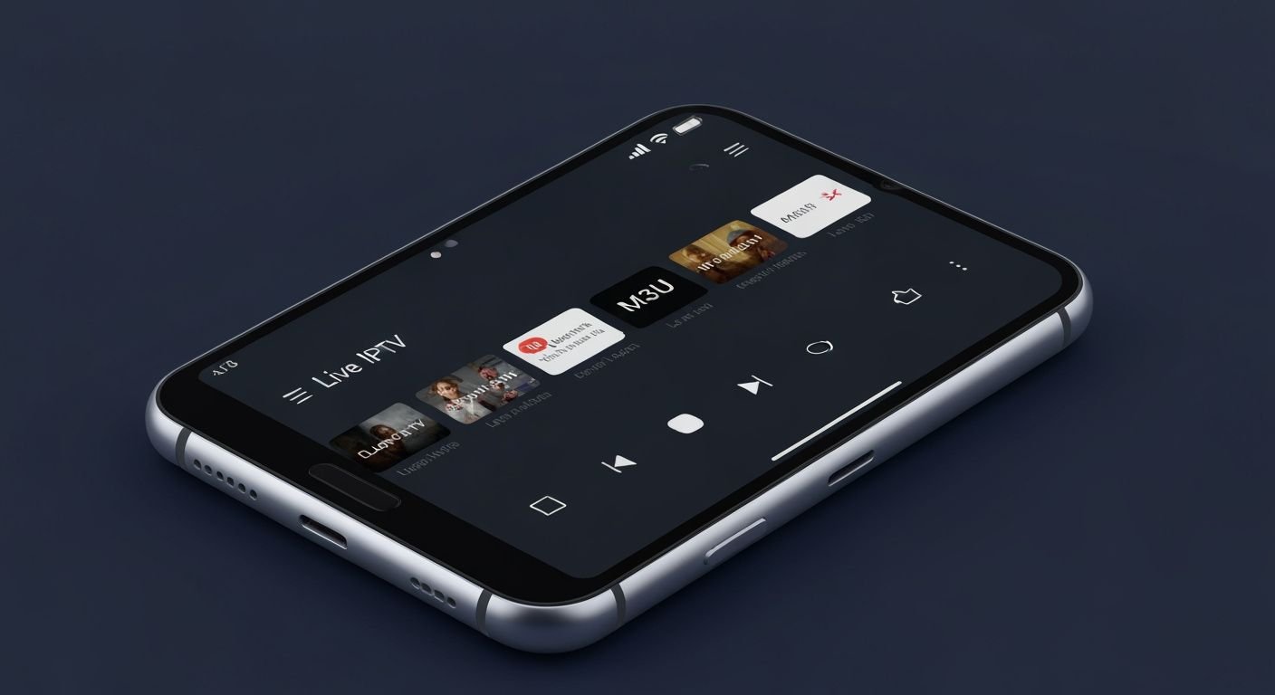 Application lecteur IPTV sur écran Android avec interface de chaînes TV en direct