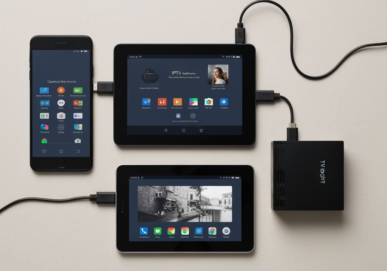 Écosystème Android : smartphone, tablette et boîtier TV avec lecteur IPTV compatible
