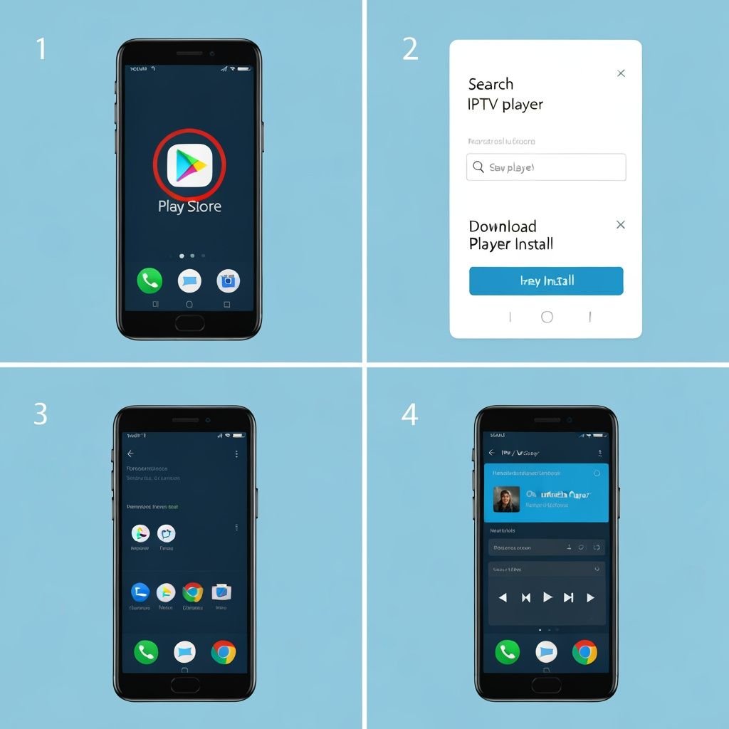 Quatre étapes d'installation : Play Store, recherche, téléchargement et lancement de l'application IPTV.