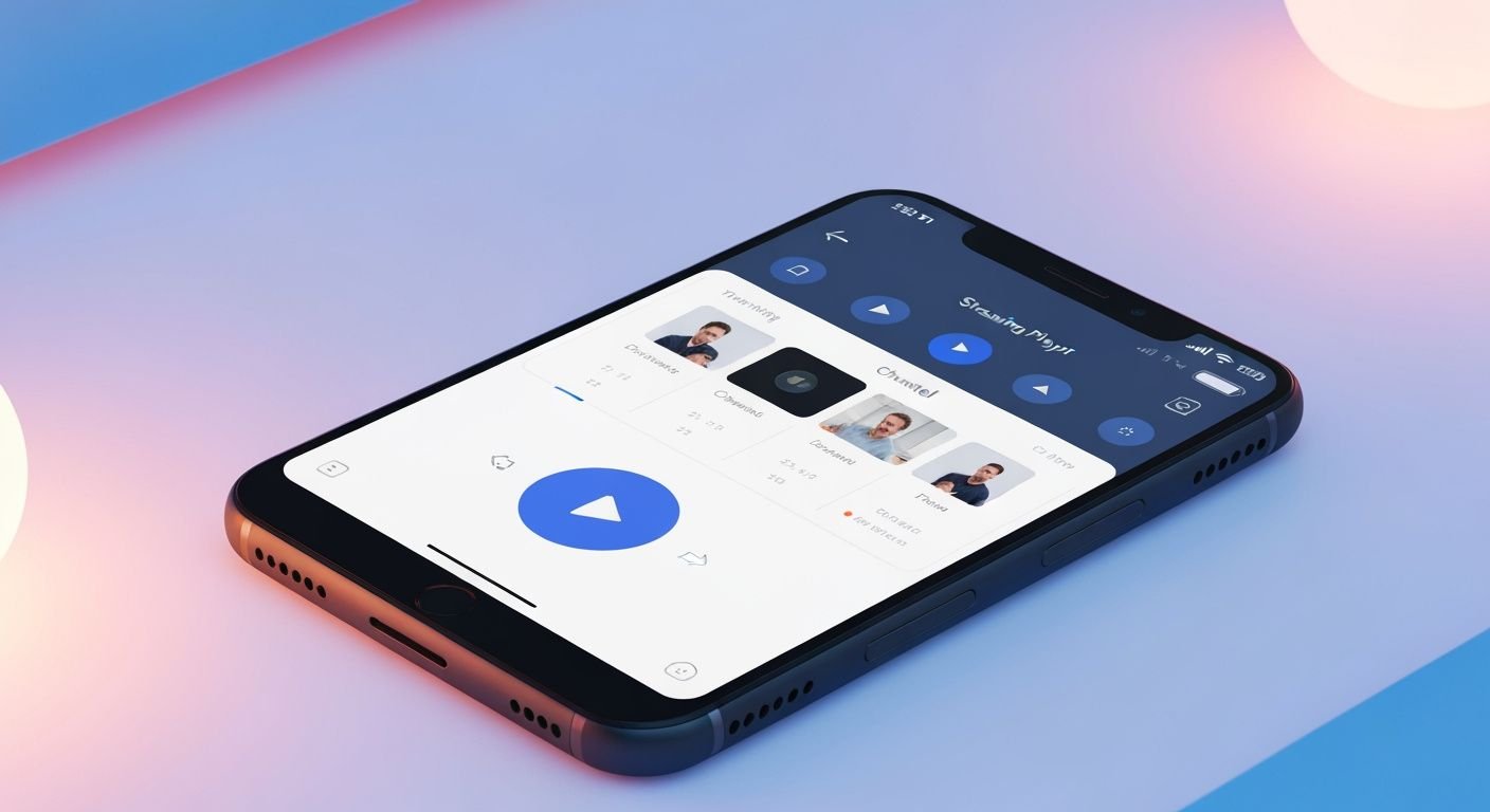 Interface d'application IPTV sur écran Android avec lecteur vidéo et contrôles de lecture.