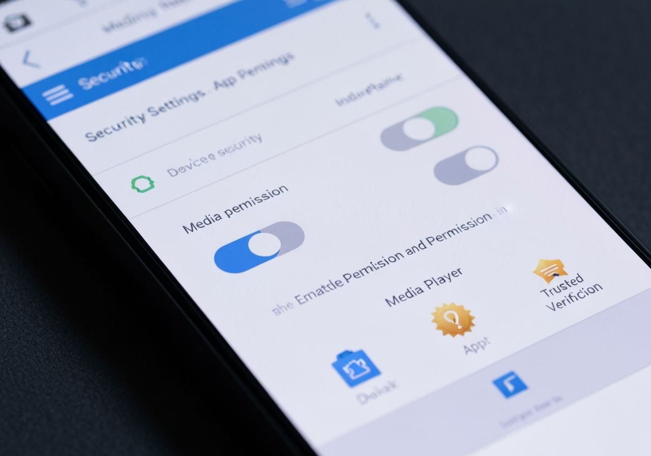 Écran de permissions et sécurité Android pour une application de lecteur multimédia.