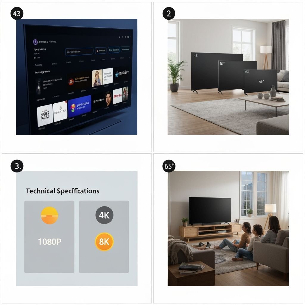 Grille comparatif : interface streaming, tailles d'écran, résolutions 4K, et famille regardant la télévision