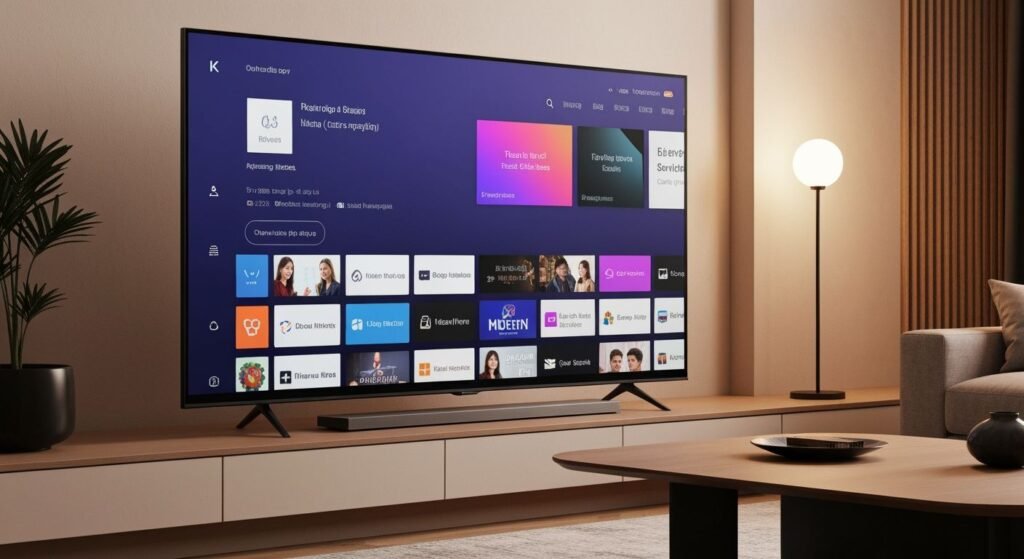 Téléviseur Smart TV moderne affichant une interface de streaming dans un salon contemporain avec éclairage ambiant