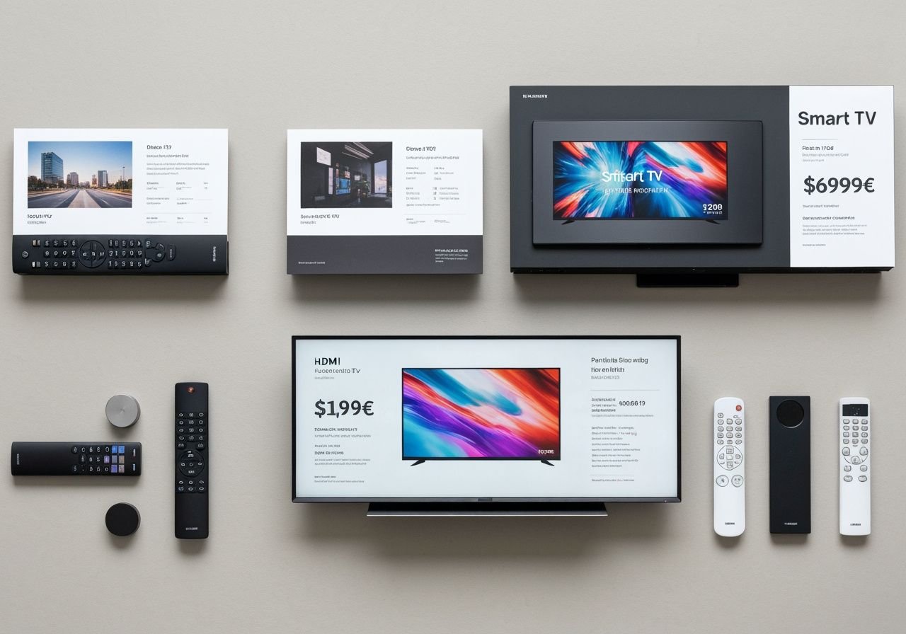 Comparaison de trois modèles de Smart TV avec accessoires et cartes de spécifications sur surface neutre